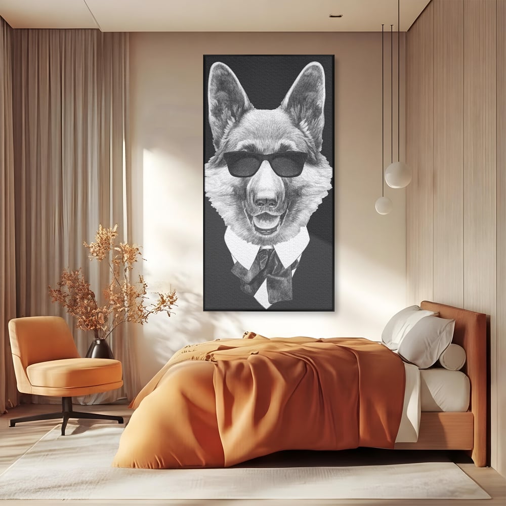 Tablou canvas cu portret ilustrativ caine gentleman, in rama de aluminiu negru, pe perete intr-un dormitor